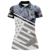 Load image into Gallery viewer, Womens golf polos shirts custom name blue camo American flag patriotic lady golf clothes NQS6029