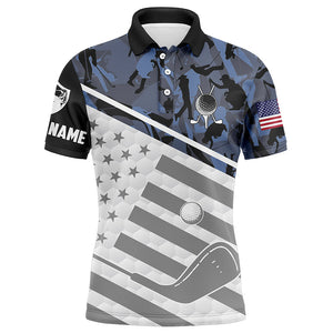 Mens golf polo shirts custom name blue camo American flag patriotic golf apparel for men NQS6029