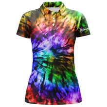 Load image into Gallery viewer, Womens golf polo shirts custom colorful rainbow black tie dye women&#39;s golf attire, apparel for ladies NQS6032