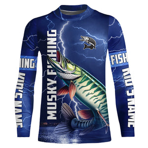 Musky Fishing blue lightning jerseys custom performance Long Sleeve Muskie tournament fishing shirts NQS8146