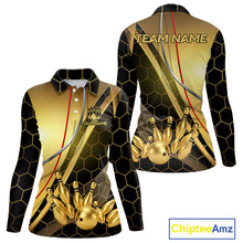Load image into Gallery viewer, Custom Black and Gold Bowling Polo, Quarter Zip Shirts For Women, Bowling Team League Jersey NQS10346