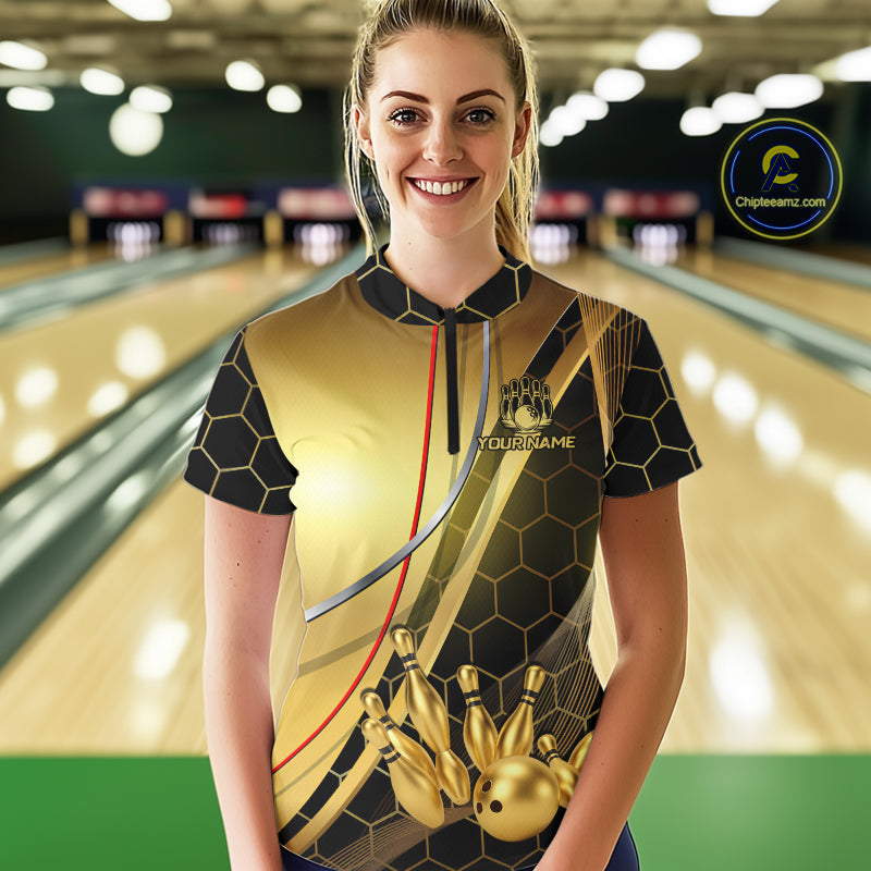 Custom Black and Gold Bowling Polo, Quarter Zip Shirts For Women, Bowling Team League Jersey NQS10346