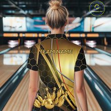 Load image into Gallery viewer, Custom Black and Gold Bowling Polo, Quarter Zip Shirts For Women, Bowling Team League Jersey NQS10346