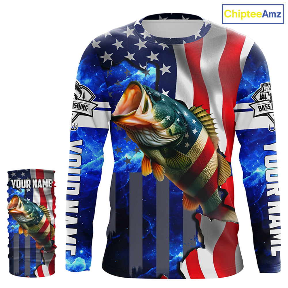 Bass Fishing American Flag patriotic UV protection Custom name long sleeves shirt NQS926