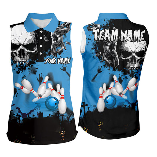 Skull Bowling sleeveless polos Custom Halloween Bowling Team League Jerseys, Gift For Bowlers | Blue NQS8578