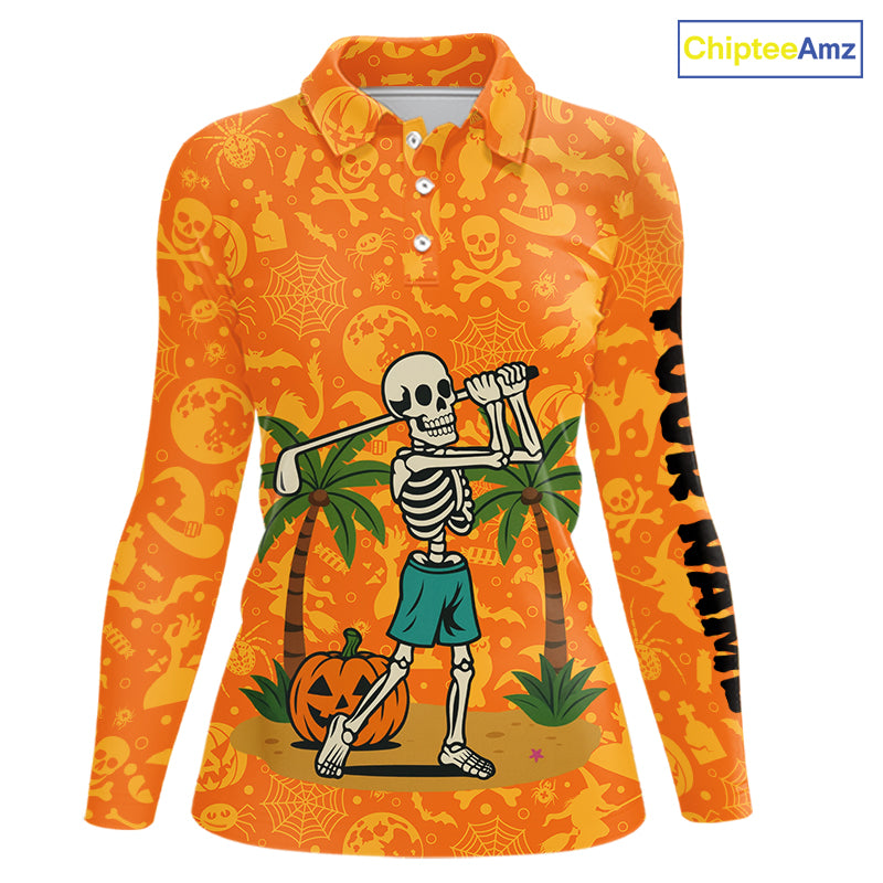 Funny orange Halloween pattern Skull Golf Polo Shirt For Women Custom golf clothes for ladies NQS10769
