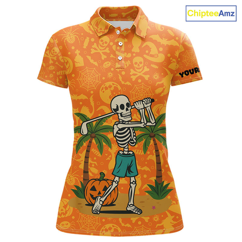 Funny orange Halloween pattern Skull Golf Polo Shirt For Women Custom golf clothes for ladies NQS10769