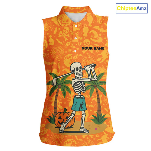 Funny orange Halloween pattern Skull Sleeveless Golf Polo Shirt Custom golf clothes for ladies NQS10769