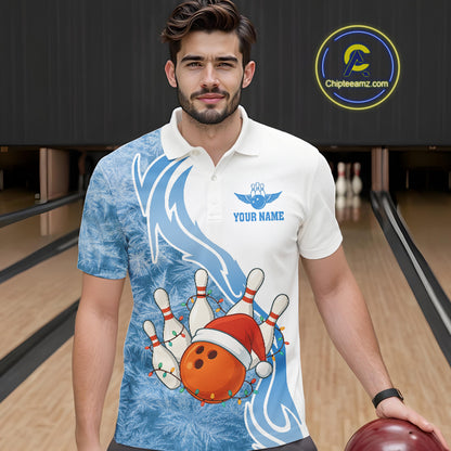 White and Blue Ice pattern Christmas Bowling shirts for men Custom Xmas Team bowling jerseys NQS10967