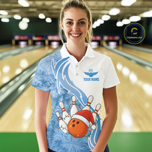 Load image into Gallery viewer, White and Blue Ice pattern Christmas Bowling shirts for Women Custom Xmas Team bowling jerseys NQS10967