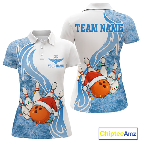 White and Blue Ice pattern Christmas Bowling shirts for Women Custom Xmas Team bowling jerseys NQS10967