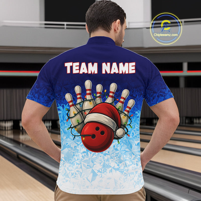 Blue Ice pattern Christmas Team Bowling Polo, Quarter Zip shirts for men Custom Xmas bowling gifts NQS10969