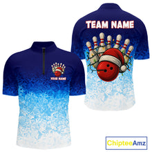 Load image into Gallery viewer, Blue Ice pattern Christmas Team Bowling Polo, Quarter Zip shirts for men Custom Xmas bowling gifts NQS10969