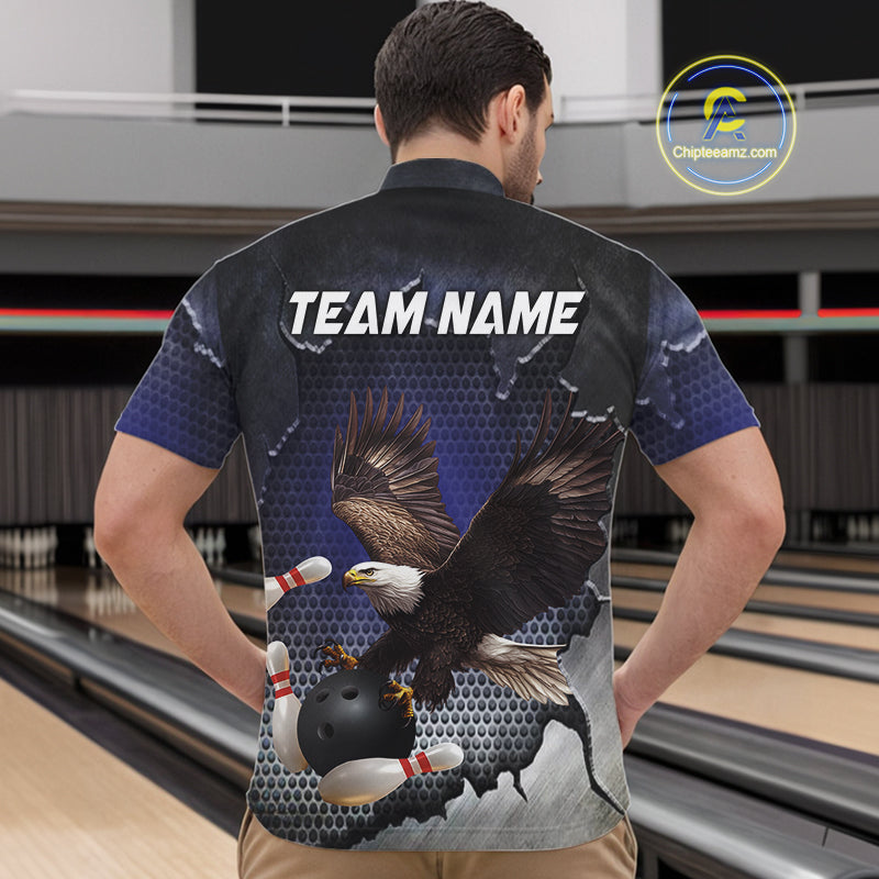 Eagle Bowling Polo, Quarter Zip Shirts for Men Custom Team Bowling jerseys, gift for bowlers | Blue NQS10972