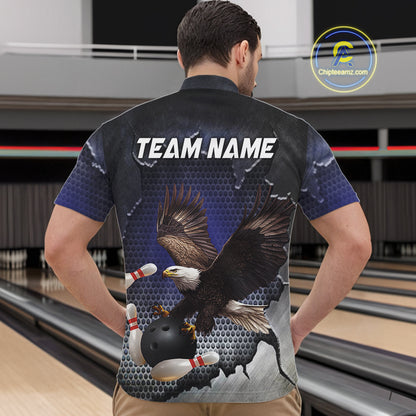 Eagle Bowling Polo, Quarter Zip Shirts for Men Custom Team Bowling jerseys, gift for bowlers | Blue NQS10972