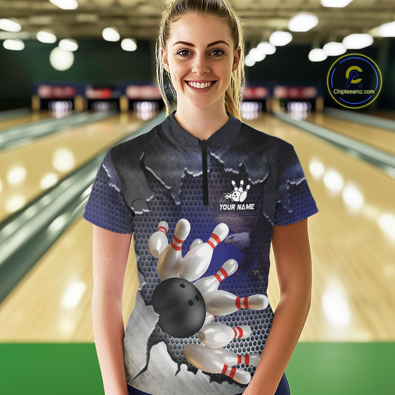 Eagle Bowling Polo, Quarter Zip Shirts for Women Custom Team Bowling jerseys, gift for bowlers | Blue NQS10972