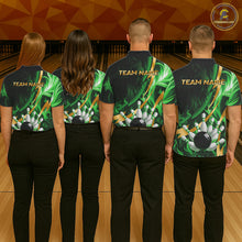 Load image into Gallery viewer, Personalized Bowling Polo, Quarter Zip Shirts for Men Custom Green Flame and Gold Bowling Team Jersey NQS11145