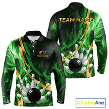 Load image into Gallery viewer, Personalized Bowling Polo, Quarter Zip Shirts for Men Custom Green Flame and Gold Bowling Team Jersey NQS11145