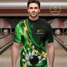 Load image into Gallery viewer, Personalized Bowling Polo, Quarter Zip Shirts for Men Custom Green Flame and Gold Bowling Team Jersey NQS11145