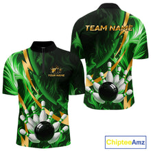 Load image into Gallery viewer, Personalized Bowling Polo, Quarter Zip Shirts for Men Custom Green Flame and Gold Bowling Team Jersey NQS11145