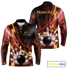 Load image into Gallery viewer, Personalized Bowling Polo, Quarter Zip Shirts for Men Custom Red Flame and Gold Bowling Team Jersey NQS11146