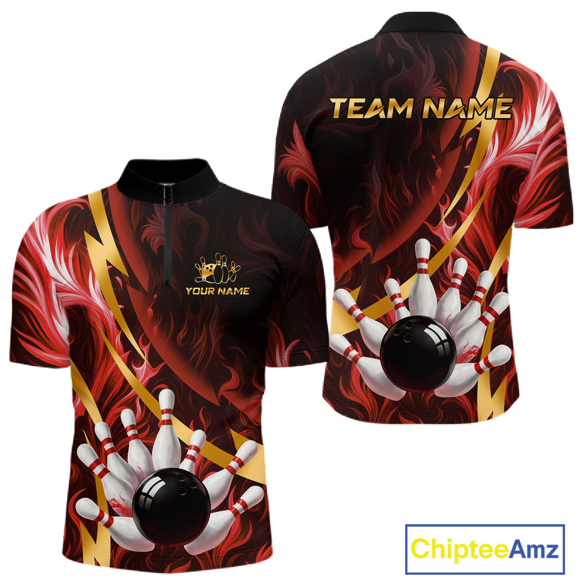 Personalized Bowling Polo, Quarter Zip Shirts for Men Custom Red Flame and Gold Bowling Team Jersey NQS11146