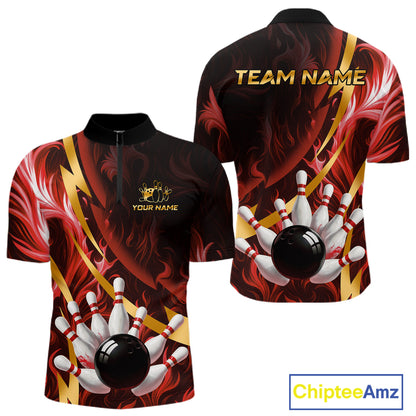 Personalized Bowling Polo, Quarter Zip Shirts for Men Custom Red Flame and Gold Bowling Team Jersey NQS11146