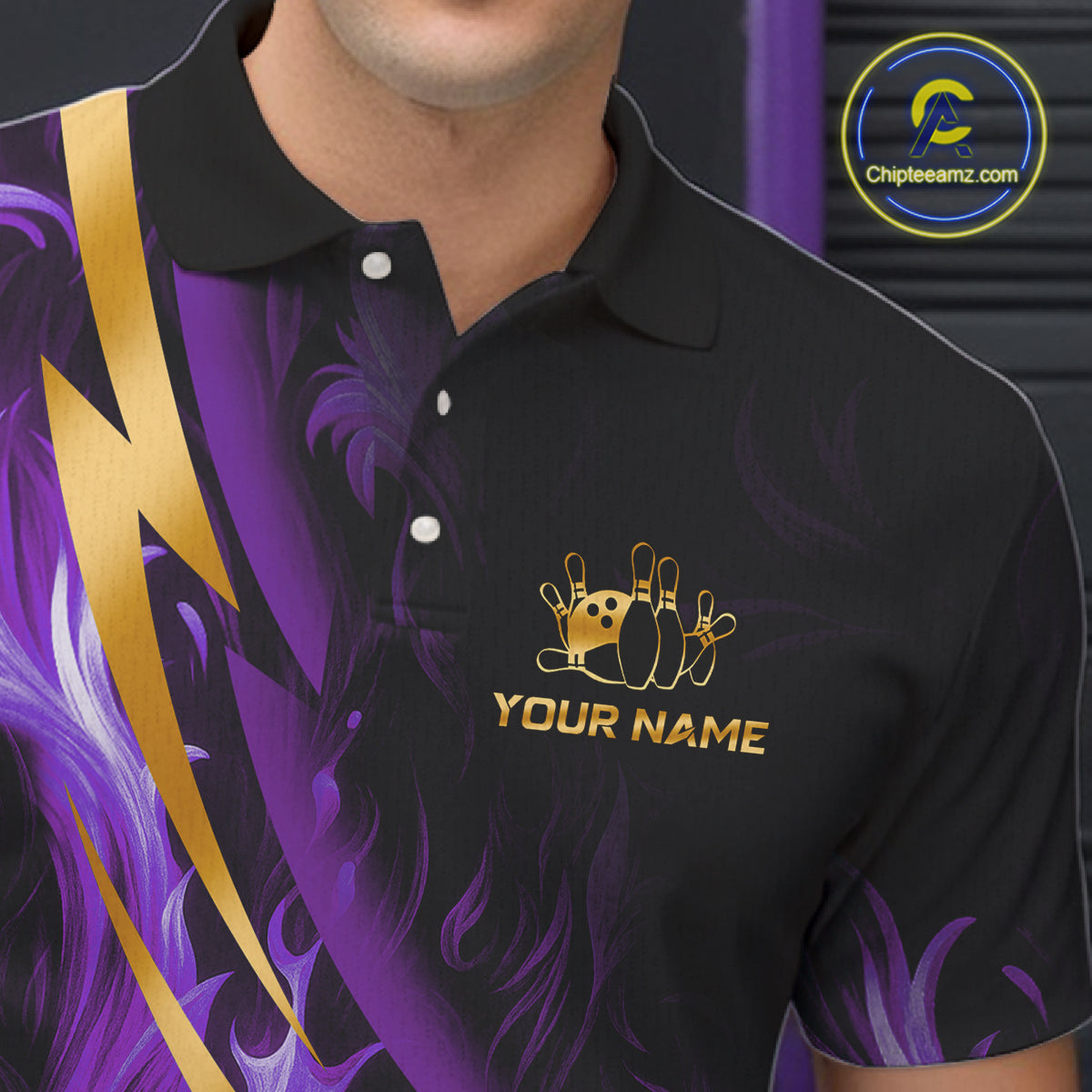 Personalized Bowling Polo, Quarter Zip Shirt for Men Custom Purple Flame and Gold Bowling Team Jersey NQS11147