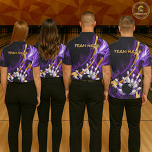 Load image into Gallery viewer, Personalized Bowling Polo, Quarter Zip Shirt for Men Custom Purple Flame and Gold Bowling Team Jersey NQS11147