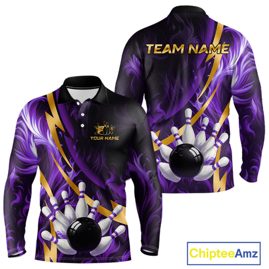 Personalized Bowling Polo, Quarter Zip Shirt for Men Custom Purple Flame and Gold Bowling Team Jersey NQS11147