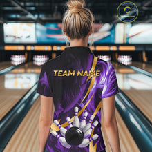 Load image into Gallery viewer, Personalized Bowling Polo, Quarter Zip Shirt for Women Custom Purple Flame &amp; Gold Bowling Team Jersey NQS11147