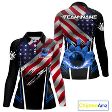 Load image into Gallery viewer, Personalized American Flag Bowling Team Shirts For Women, Black and Blue Patriotic Bowling Gifts NQS11357