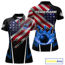 Load image into Gallery viewer, Personalized American Flag Bowling Team Shirts For Women, Black and Blue Patriotic Bowling Gifts NQS11357
