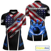 Load image into Gallery viewer, Personalized American Flag Bowling Team Shirts For Women, Black and Blue Patriotic Bowling Gifts NQS11357