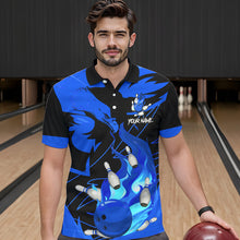 Load image into Gallery viewer, Eagle flame bowling ball and pins custom Mens Bowling Shirts, team bowling jerseys | Blue NQS9616