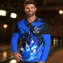 Load image into Gallery viewer, Eagle flame bowling ball and pins custom Mens Bowling Shirts, team bowling jerseys | Blue NQS9616