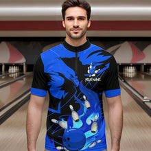 Load image into Gallery viewer, Eagle flame bowling ball and pins custom Mens Bowling Shirts, team bowling jerseys | Blue NQS9616