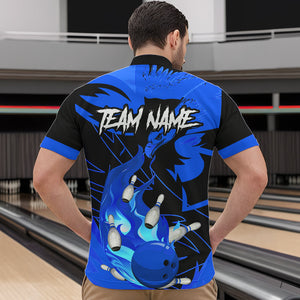 Eagle flame bowling ball and pins custom Mens Bowling Shirts, team bowling jerseys | Blue NQS9616