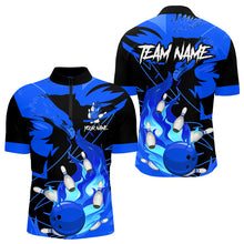 Load image into Gallery viewer, Eagle flame bowling ball and pins custom Mens Bowling Shirts, team bowling jerseys | Blue NQS9616
