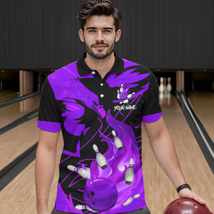 Eagle flame bowling ball and pins custom Mens Bowling Shirts, team bowling jerseys | Purple NQS9617