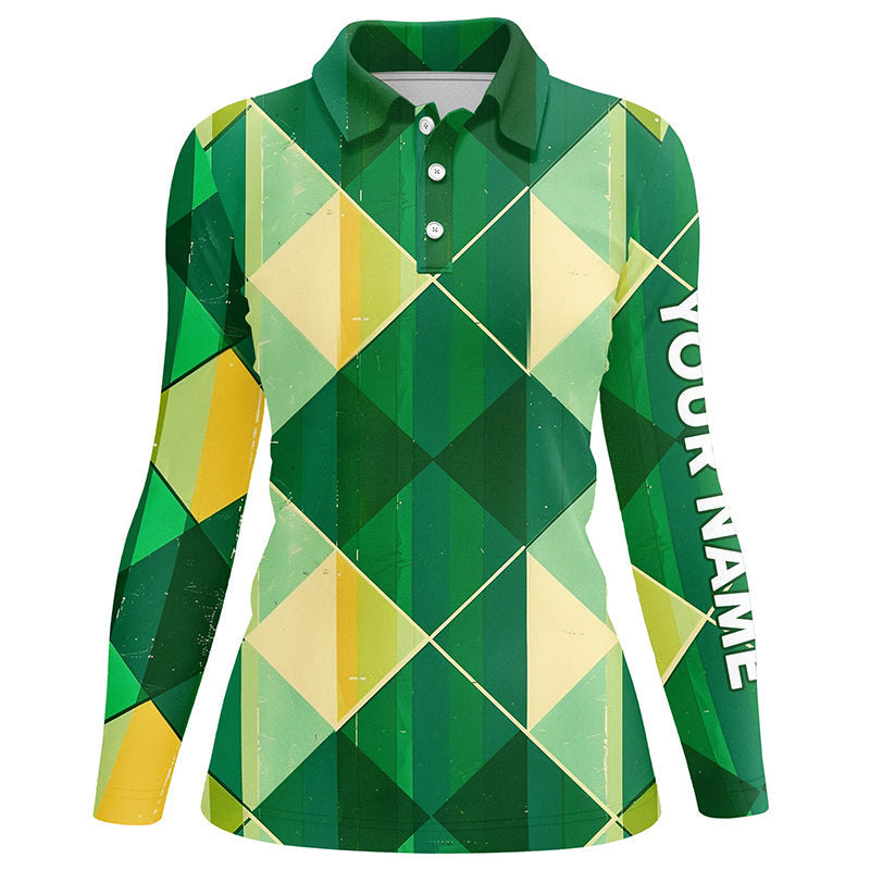 Green yellow argyle plaid pattern Womens golf polo shirts custom ladies golf shirts, green golf tops NQS7372