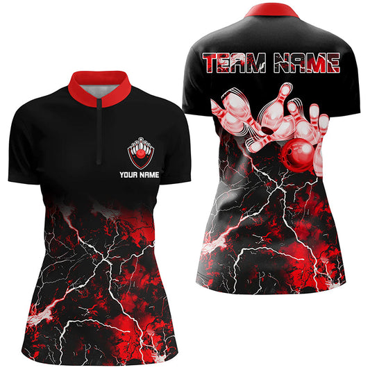 Bowling Quarter-Zip Shirt Women Red lightning thunder custom Bowling Ball Pins jerseys for Bowler NQS7377