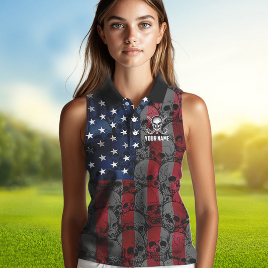 American Flag Skull Camo womens golf shirts sleeveless Custom patriotic golf team women's golf tanks NQS9791