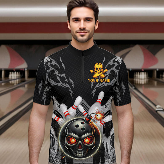 Funny Black and Gray Camo Bowling Shirt For Men Custom Skull Bowling Bomb Team bowling attire for men NQS9792