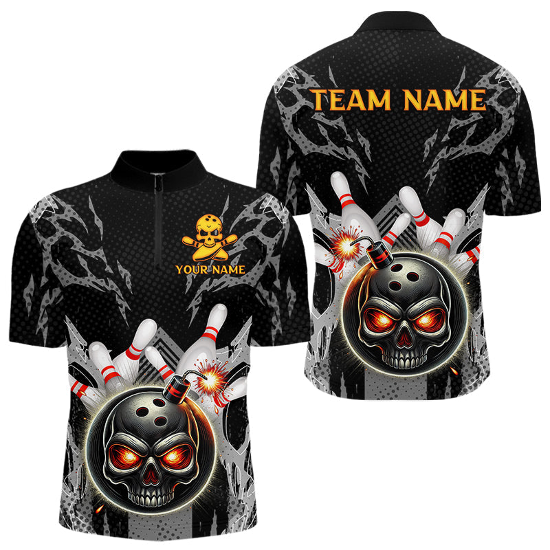 Funny Black and Gray Camo Bowling Shirt For Men Custom Skull Bowling Bomb Team bowling attire for men NQS9792