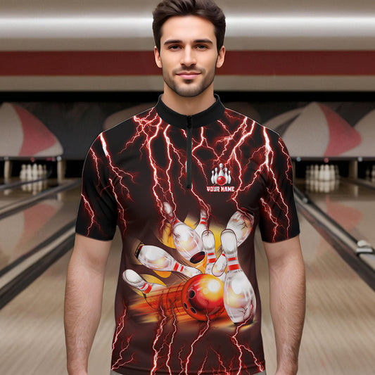 Personalized Red Lightning Thunder Bowling Shirt For Men Custom Bowling Team bowling attire for men NQS9793