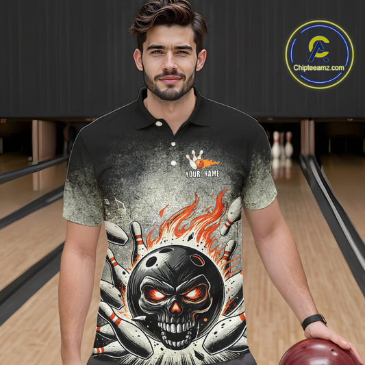 Funny Flame Skull Bowling Ball and Pins Retro Black Bowling Shirt For Men Custom Bowling Team Jersey NQS9794