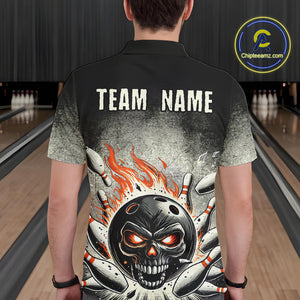 Funny Flame Skull Bowling Ball and Pins Retro Black Bowling Shirt For Men Custom Bowling Team Jersey NQS9794