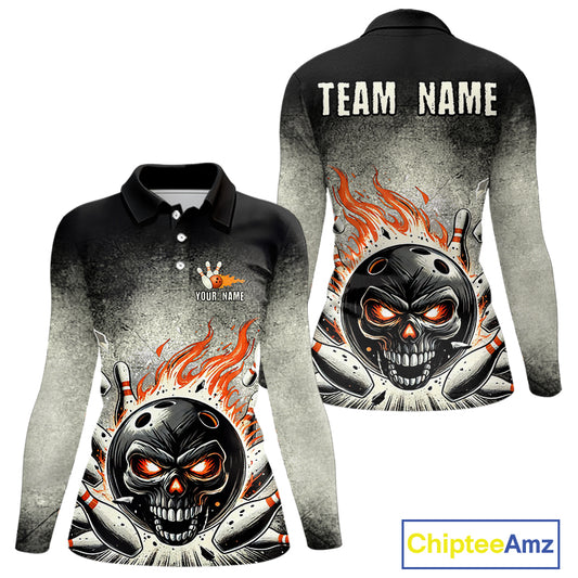Funny Flame Skull Bowling Ball and Pins Retro Black Bowling Shirt For Women Custom Bowling Team Jersey NQS9794