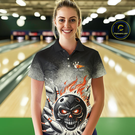 Funny Flame Skull Bowling Ball and Pins Retro Black Bowling Shirt For Women Custom Bowling Team Jersey NQS9794